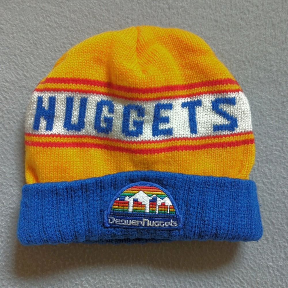 VTG Reebok Hardwood Classics Beanie One Size Yellow Blue Denver Nuggets Hat Y2k